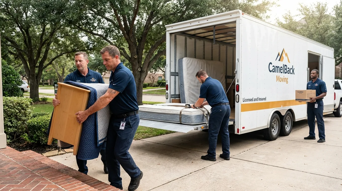 Crew loading residential truck for cross-state move from Quanah, TX