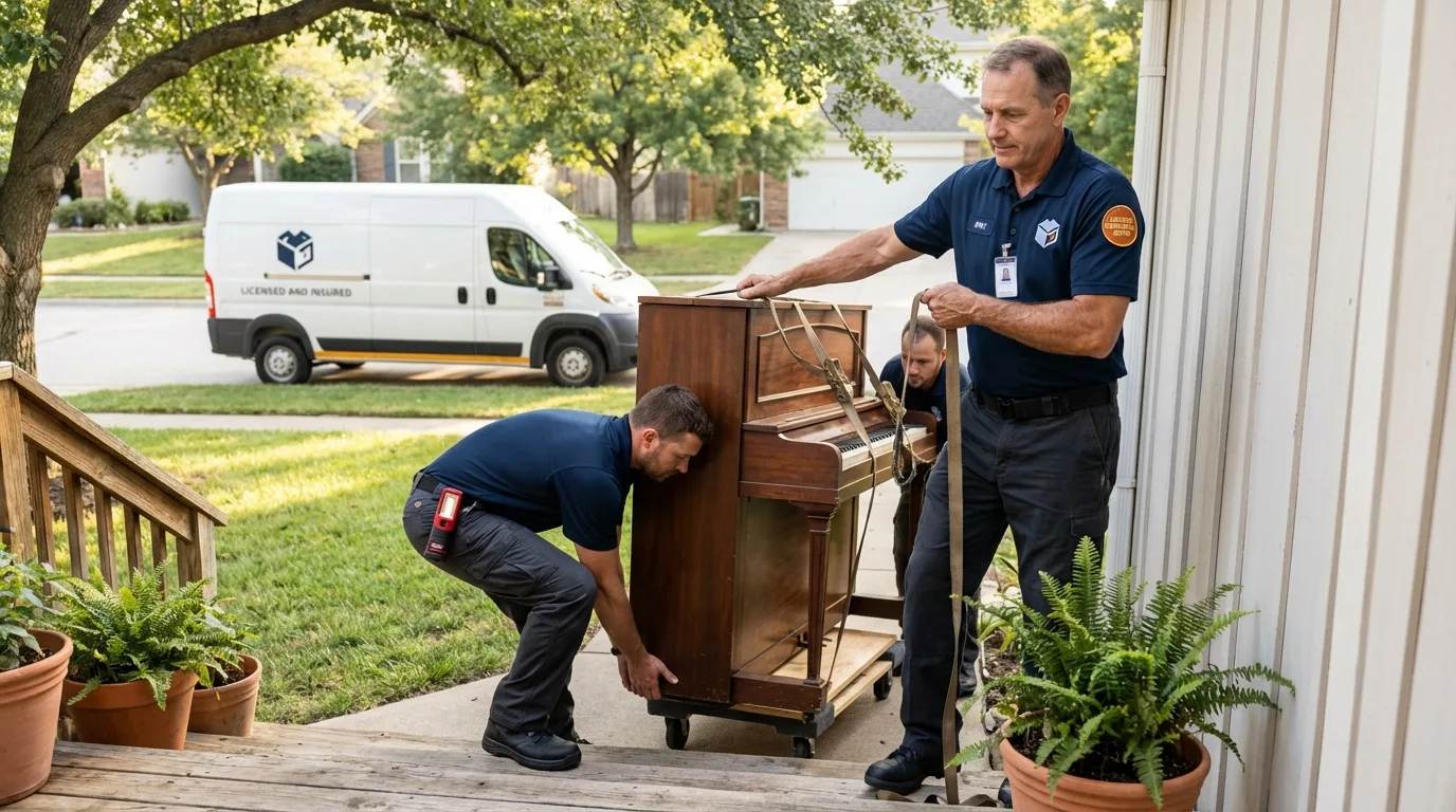 Licensed piano movers securing grand piano in Quanah, TX