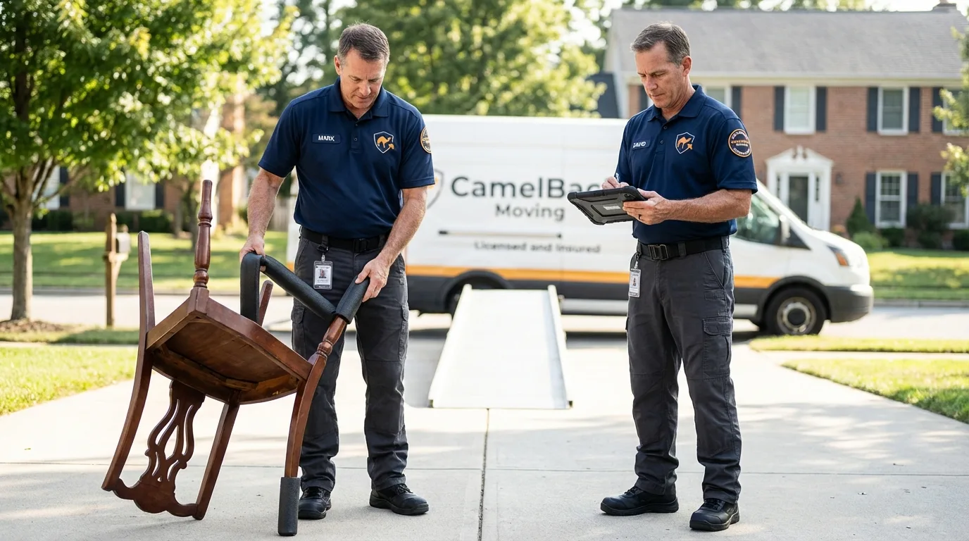 Movers inspecting furniture for damage prevention before loading in Quanah, TX