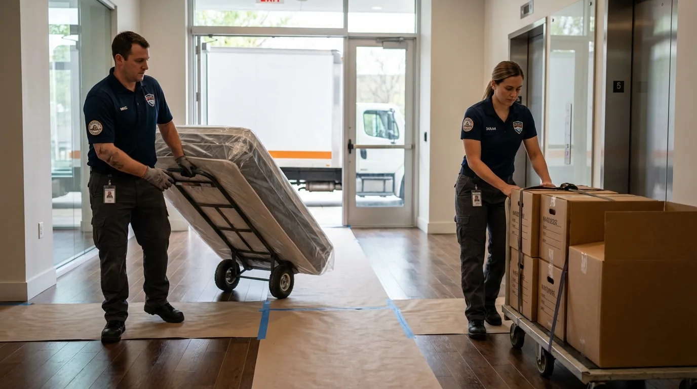 Professional apartment movers loading elevator in Quanah, TX